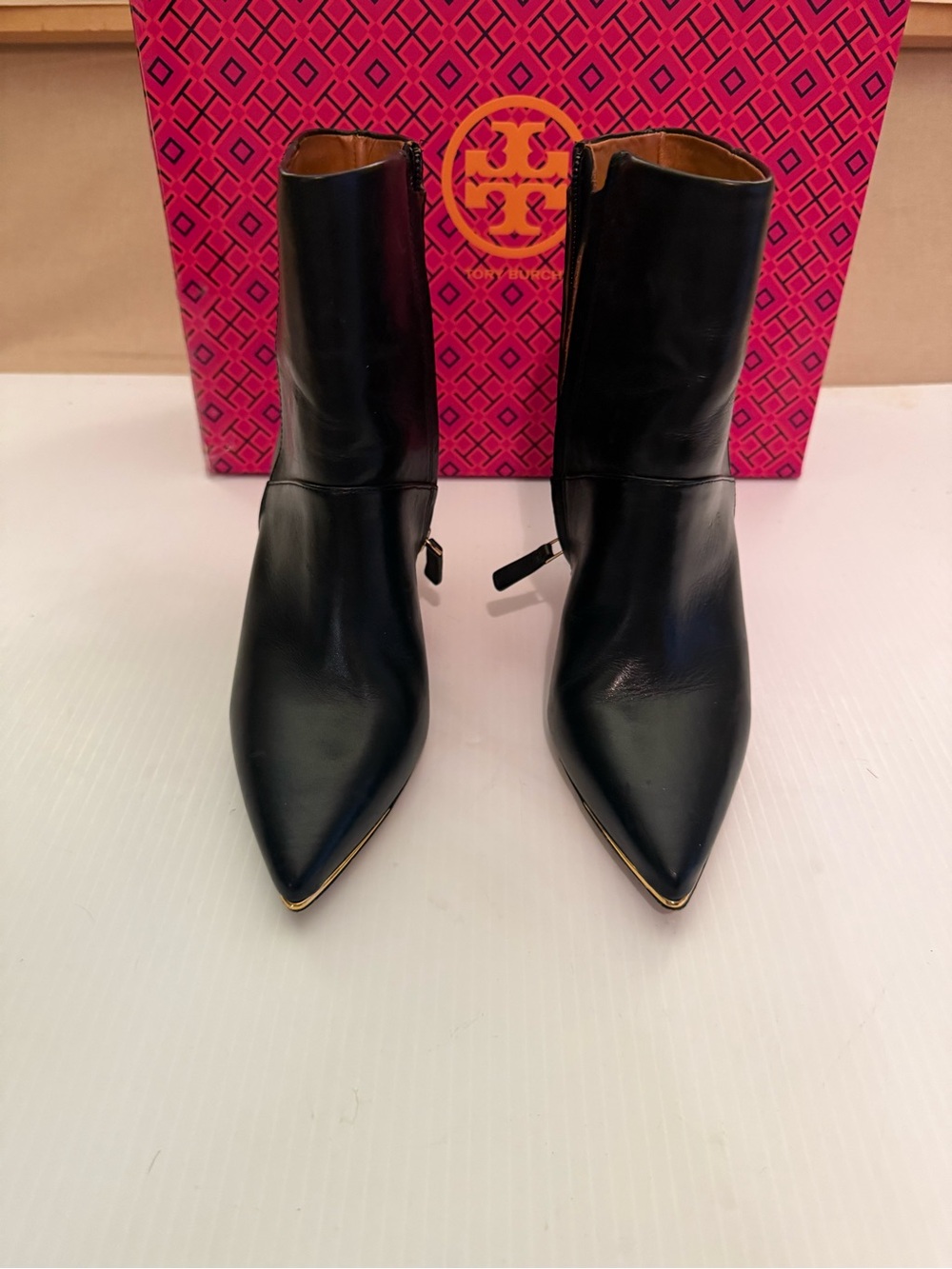 Tory Burch Black Pointed Leather Ankle Booties with Gold Trim Size 6